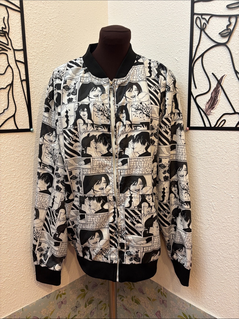 G-NET Black & White Comic Panel Bomber Jacket/ Windbreaker. Size M.